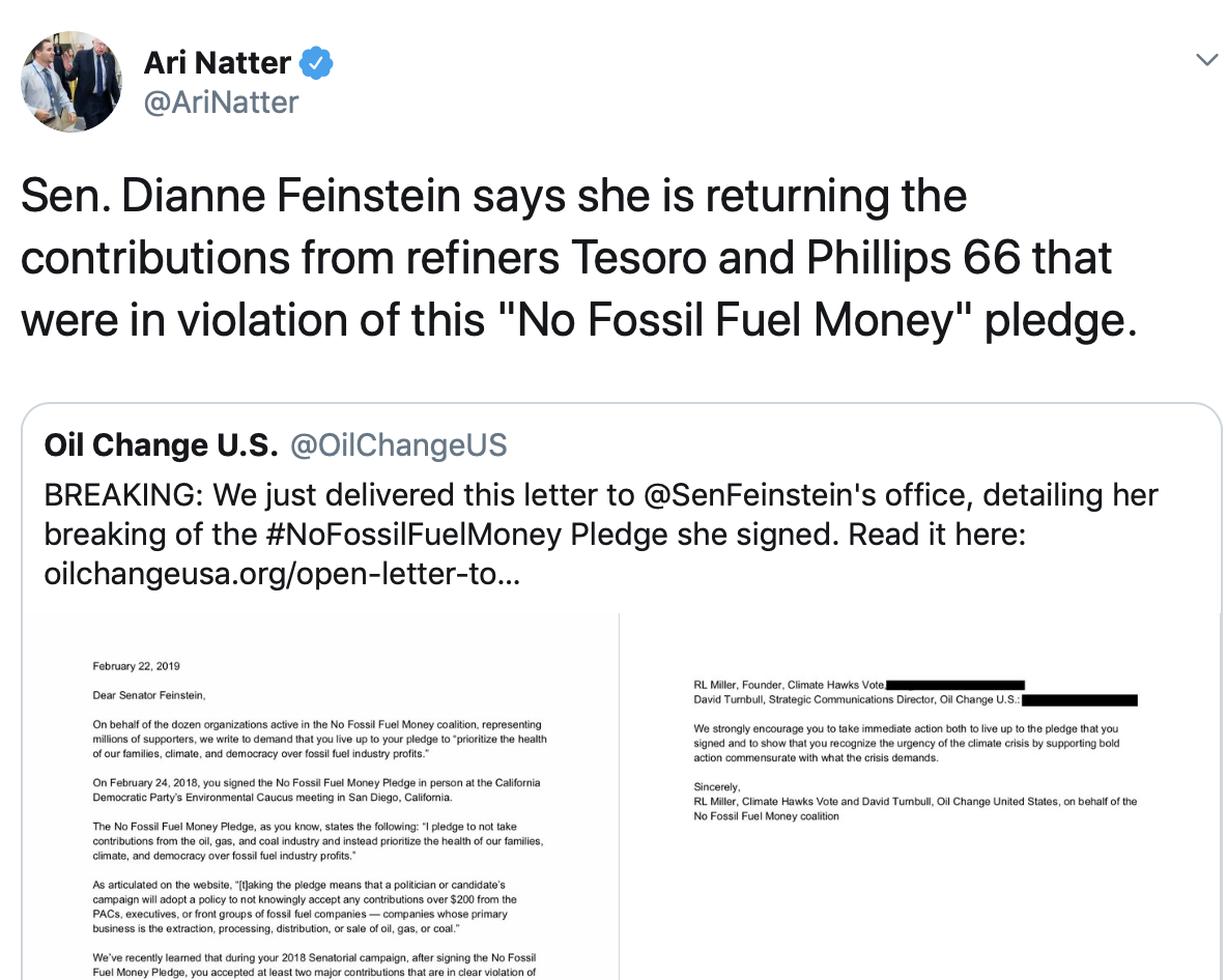 Response to Sen. Feinstein returning fossil fuel money